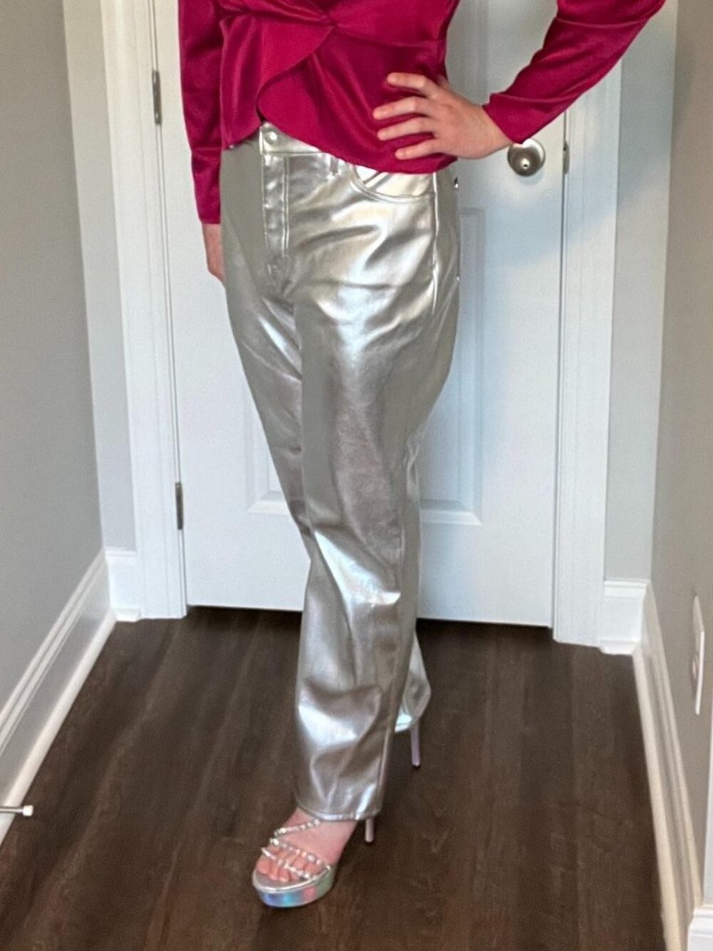 High Waisted Metallic Faux Leather Modern Straight Pant (L) - Picture 3 of 6